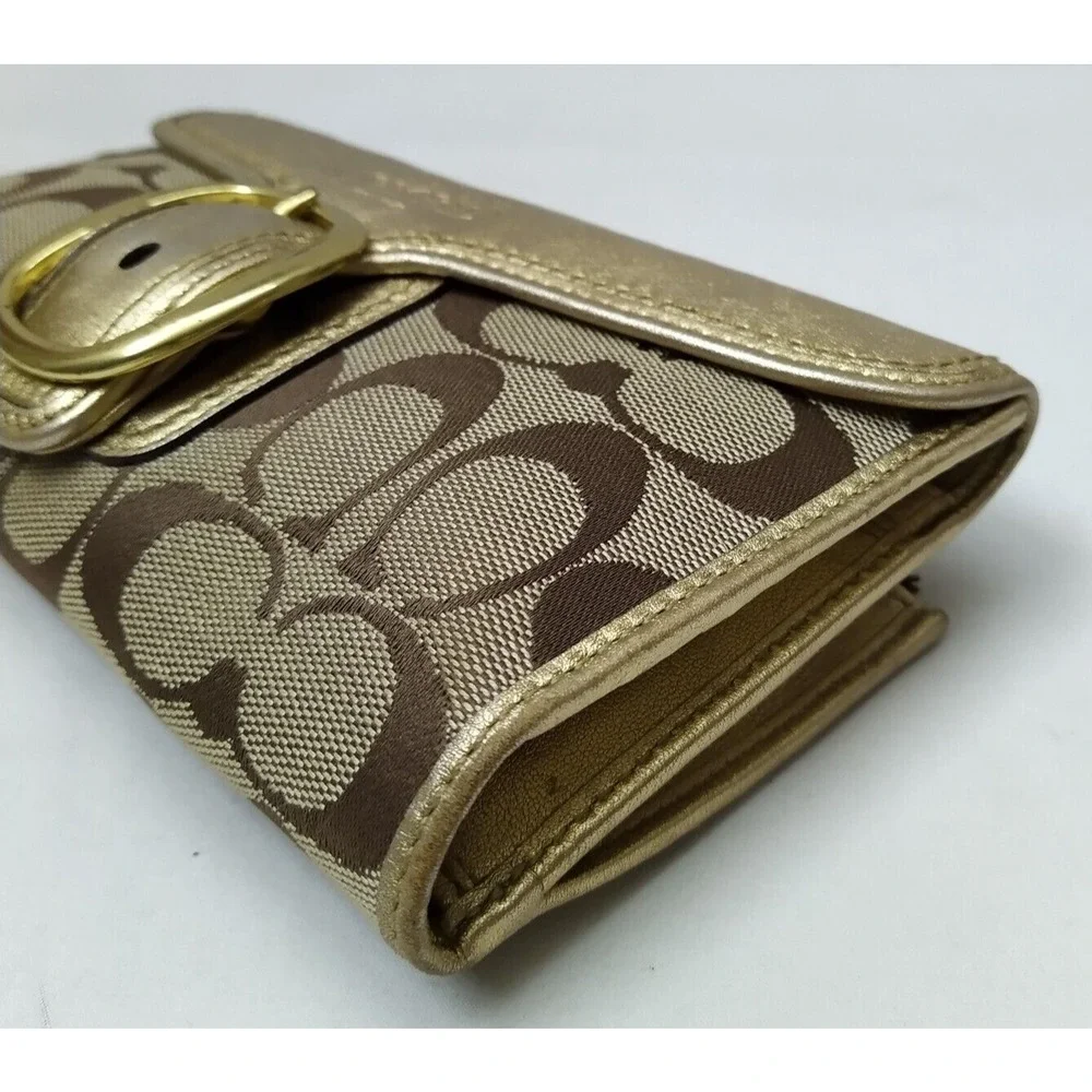 Coach Bleecker Signature Brown Canvas Gold Leather Buckle Trifold Wallet